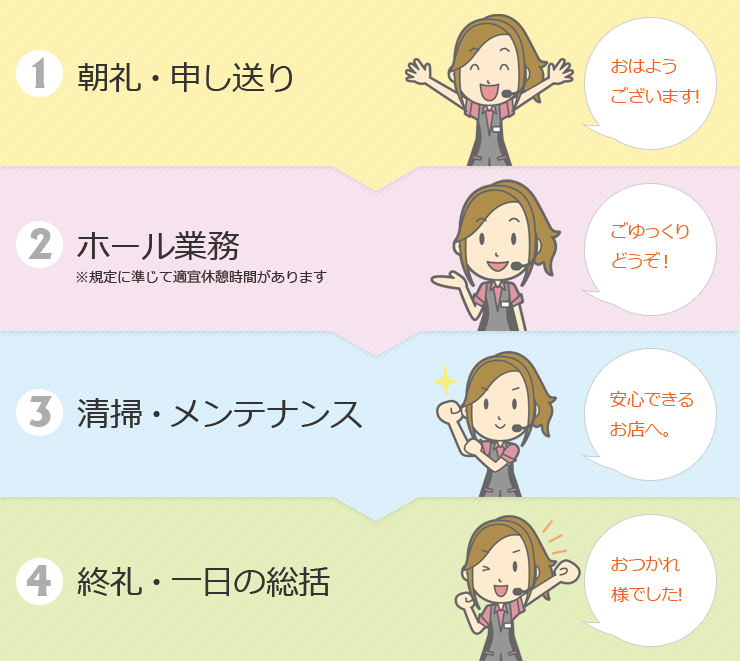 朝礼・申し送り ホール業務 清掃・メンテナンス 終礼・一日の挨拶